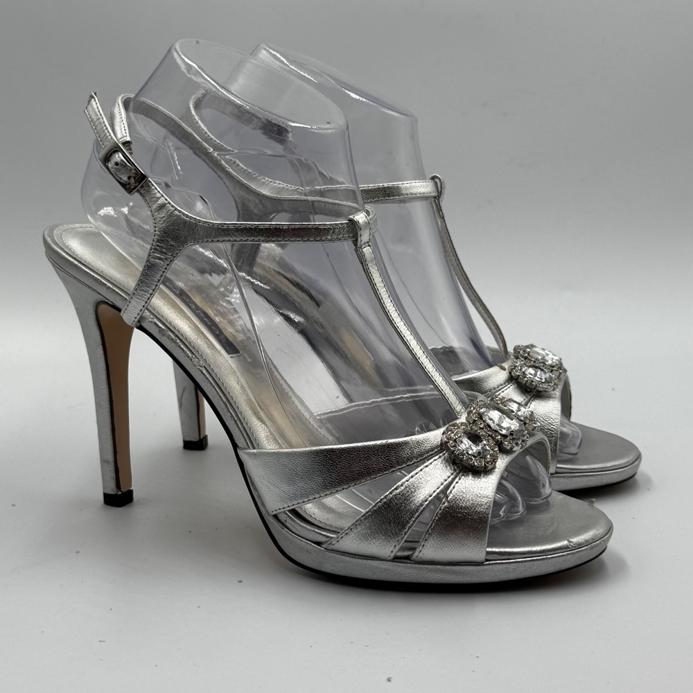 Caparros Silver T-Strap Rhinestone Heels 8.5 Metallic Glam Formal Evening Sandal